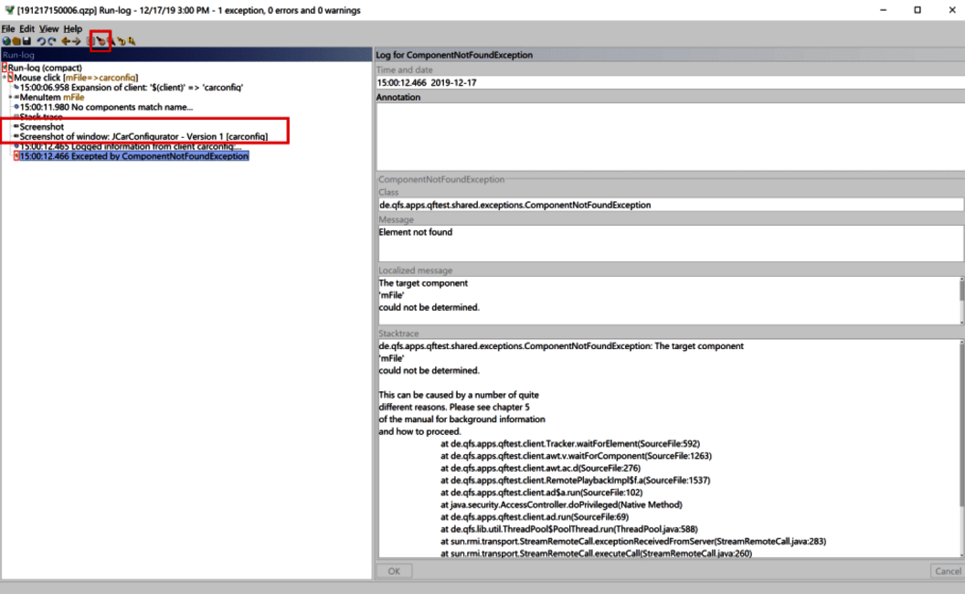 QF-Test ComponentNotFoundException Runlog