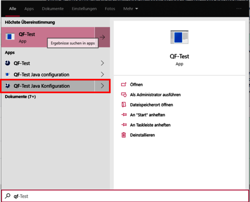 Windows Menü "QF-Test Java Konfiguration"