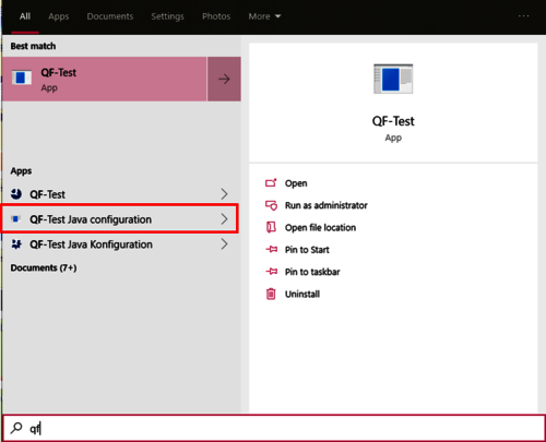 Windows menu "QF-Test Java configuration"