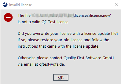 Screenshot of a QF-Test error message