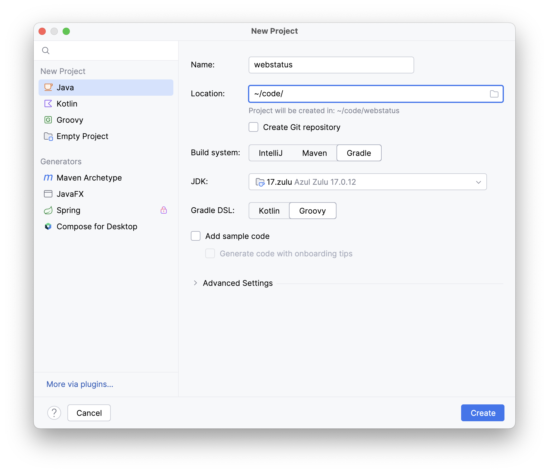 New Project view in IntelliJ