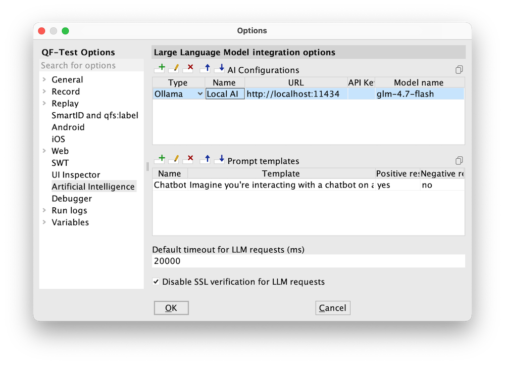 Large Language Model integration options dialog in QF-Test