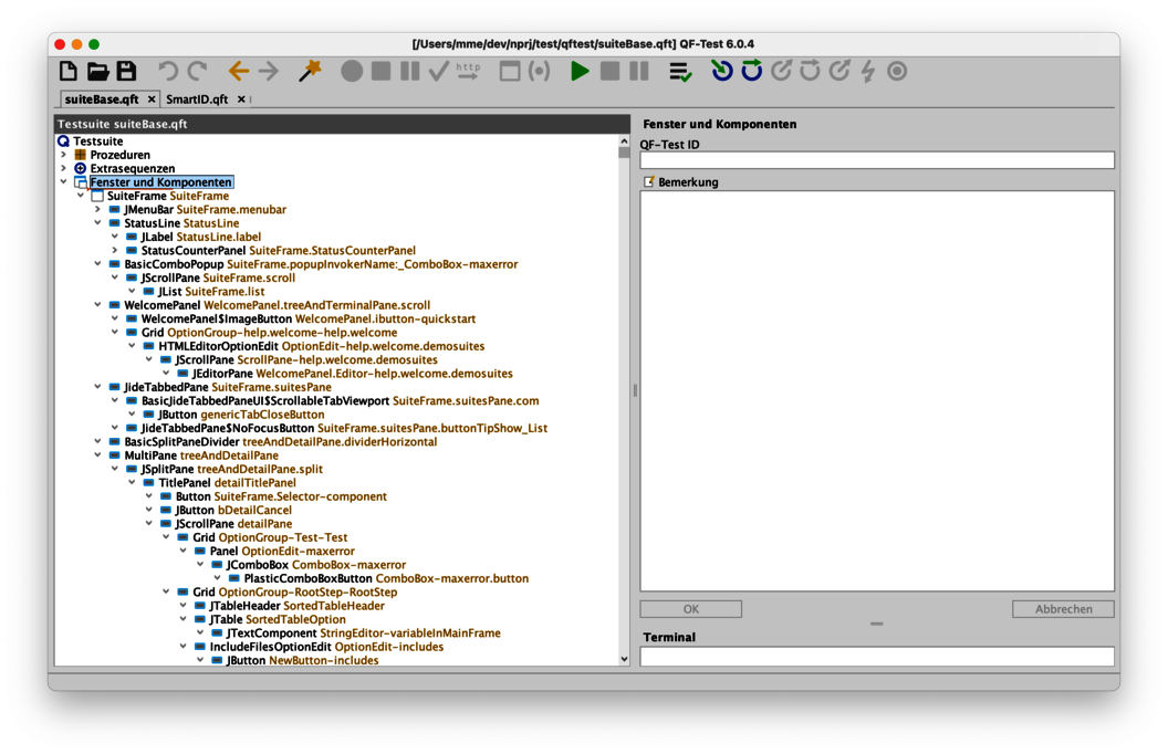 Screenshot eines QF-Test-Fensters mit einem riesigen Komponentenbaum.