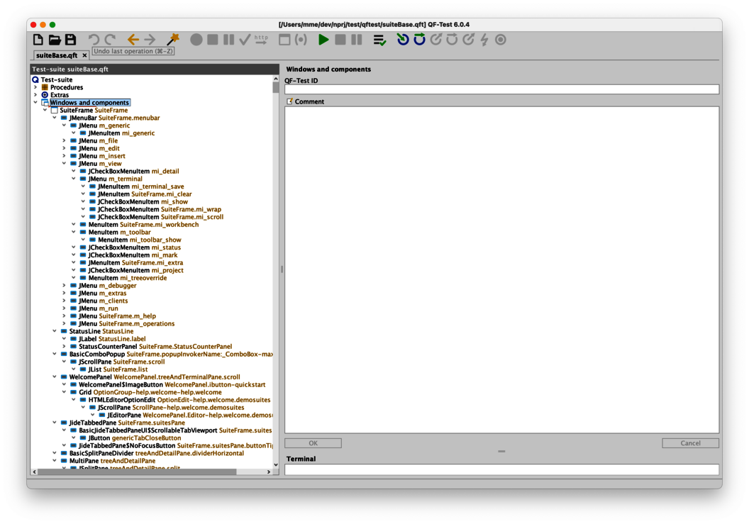 Screenshot of a QF-Test window with a huge component tree.
