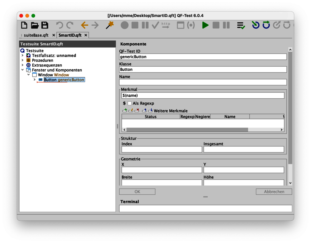 Screenshot eines QF-Test-Fensters mit einem Mausklick-Knoten. Im Feld "QF-Test ID" steht die SmartID #Button:OK.
