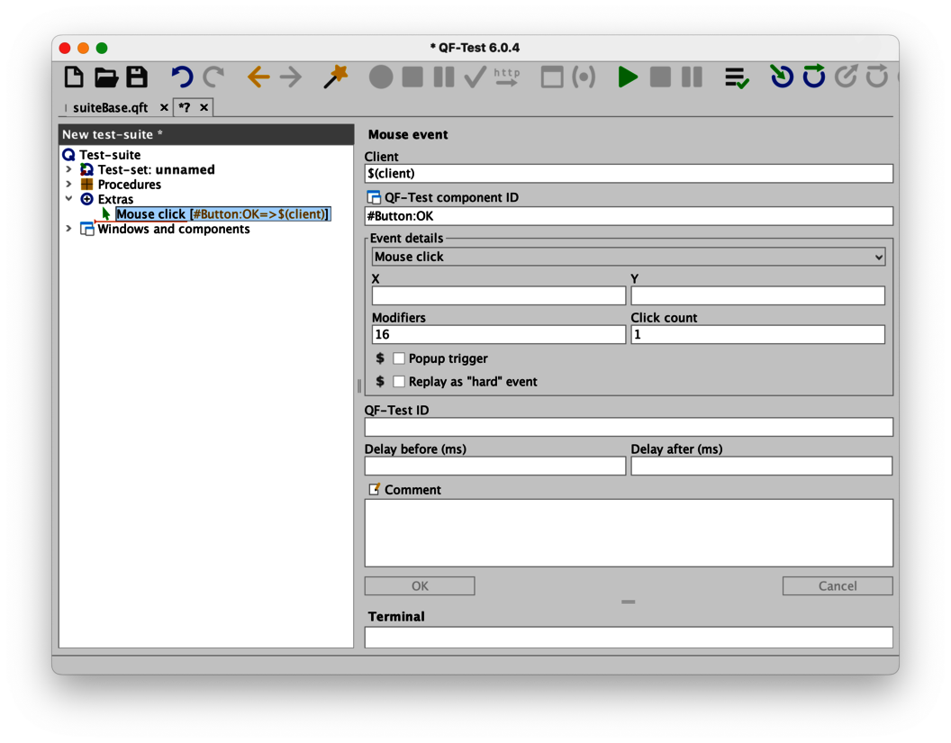 Screenshot of a QF-Test window with a mouse event step. The SmartID #Button:OK fills the "QF-Test component ID" input field.