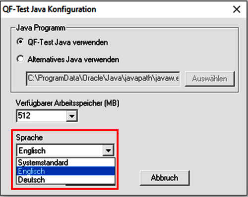 Sprache auswählen für QF-Test