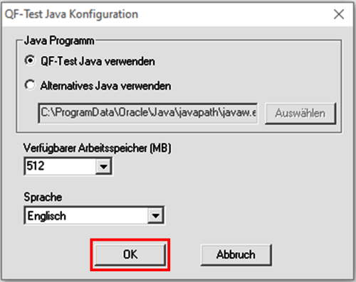 Klick auf OK QF-Test