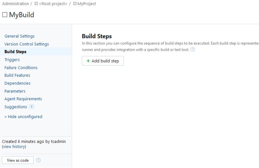 Screenshot of TeamCity "Build steps" page