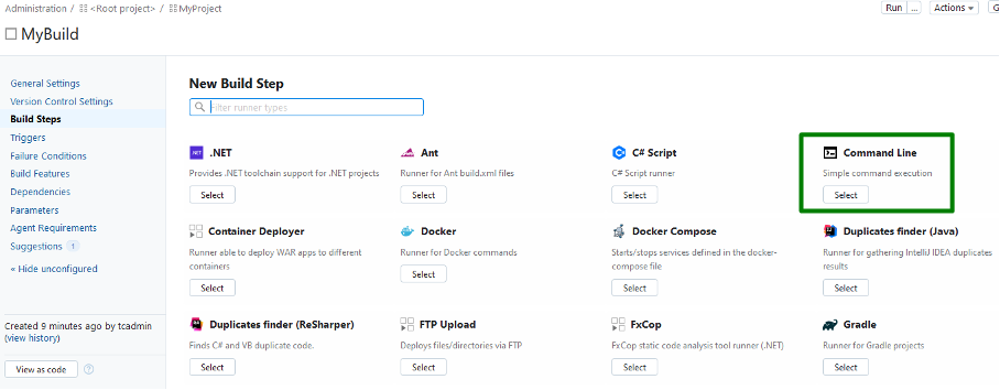Screenshot of TeamCity "New build step" page
