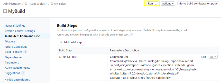 Screenshot of TeamCity "Build steps" page. The "Run" button in the top right is highlighted