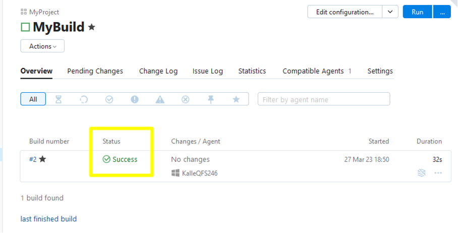 Screenshot of TeamCity "MyBuild" page. The status "success" is highlighted