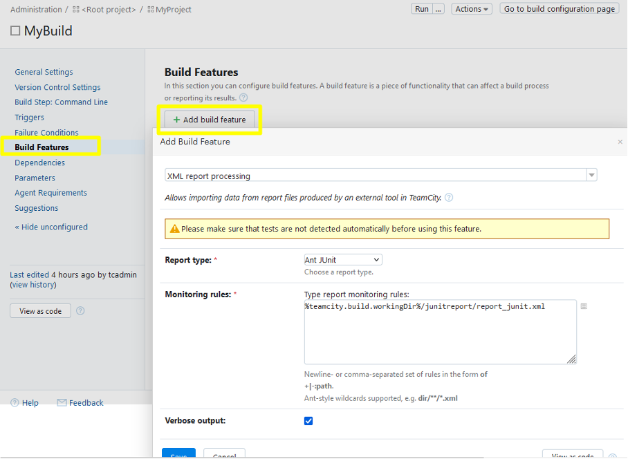 Screenshot of how to add a Build Feature in TeamCity