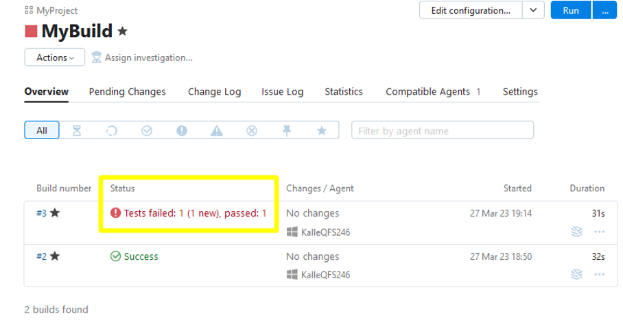 Screenshot of TeamCity "MyBuild" page. The new status "Tests failed" is highlighted