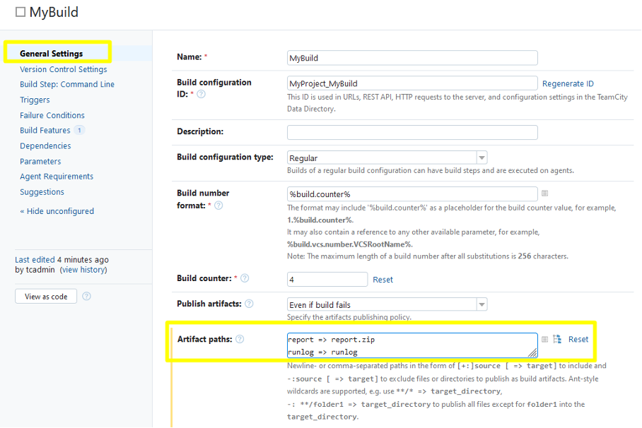 Screenshot of the TeamCity "MyBuild" general settings page