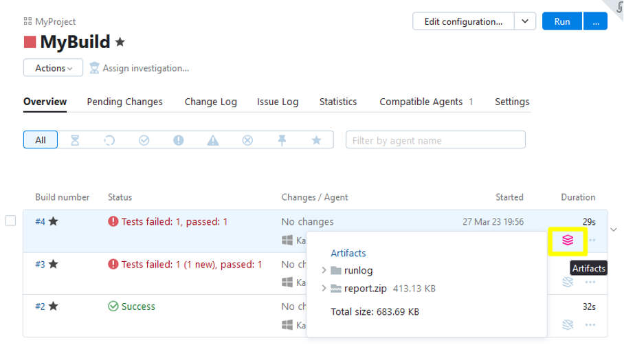 Screenshot of TeamCity "MyBuild" page highlighting where to download an artifact for a specificbuild