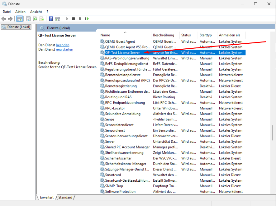 Windows-Dienste-Konsole mit QF-Test Lizenzserver
