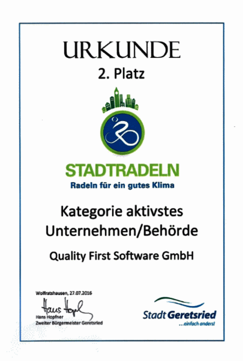 Certificate QFS Stadtradeln 2. prize