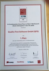 Urkunde QFS Great Place to Work 1. Platz